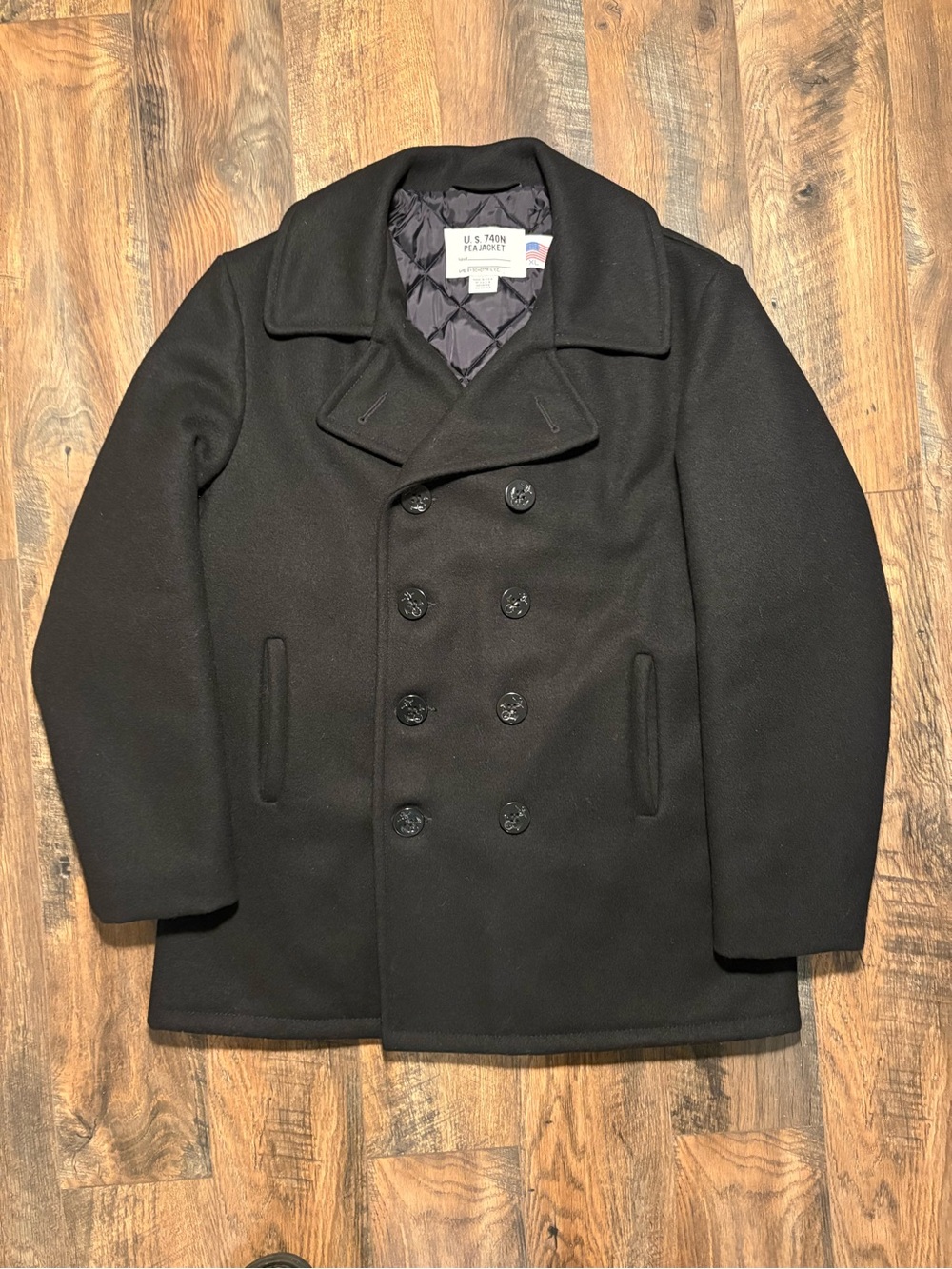 Schott NYC 740N U.S. Navy Peacoat Men’s XL Black Wool Made in USA Anchor